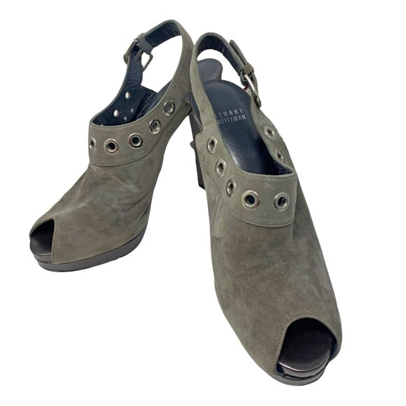 Stuart Weitzman Portside Gray Suede Grommet Platform Slingback Stiletto - Picture 12 of 12